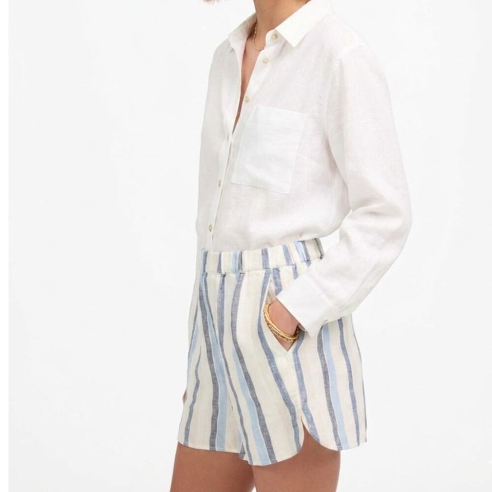 Madewell Curved Hem Pull On Shorts Stripe Linen White Blue Gray Lightweight XS